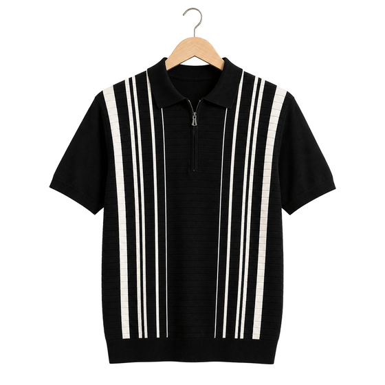 WEELZ Vertical Stripe Zip Knit Polo in Black & White — front