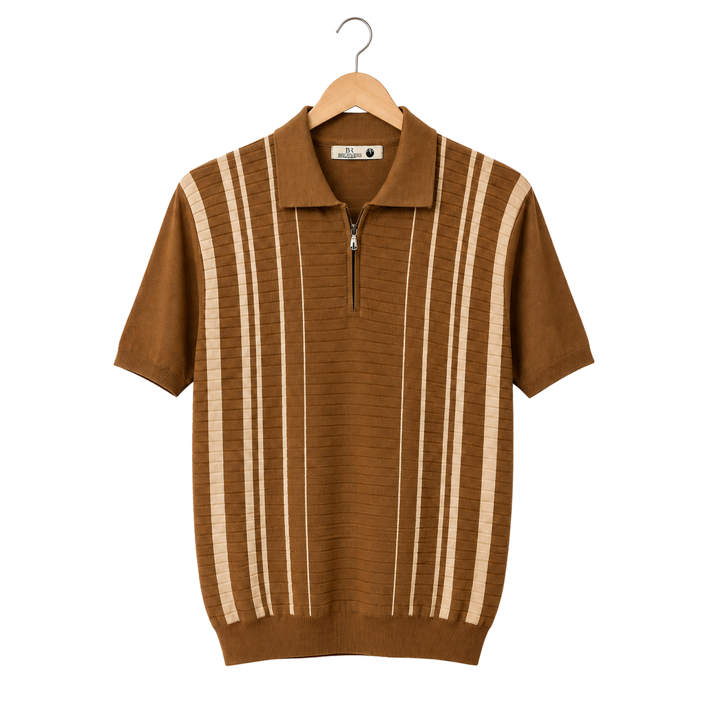 WEELZ Fine Stripe Zip Knit Polo Brown — front view
