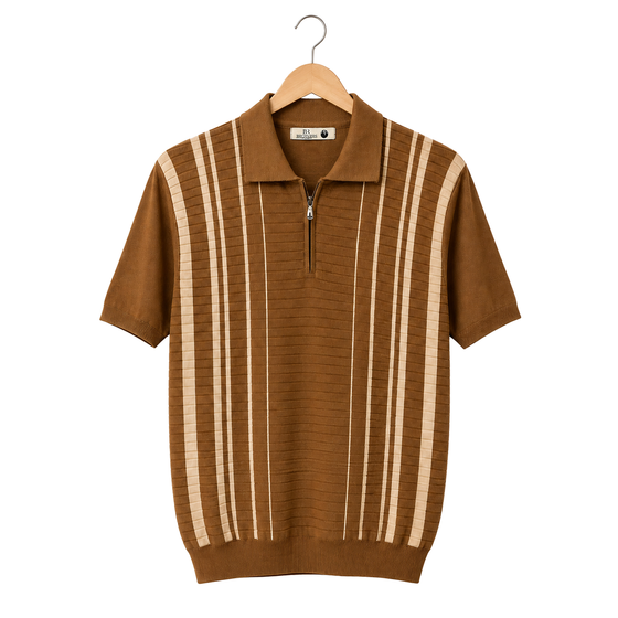 WEELZ Fine Stripe Zip Knit Polo Brown — front view