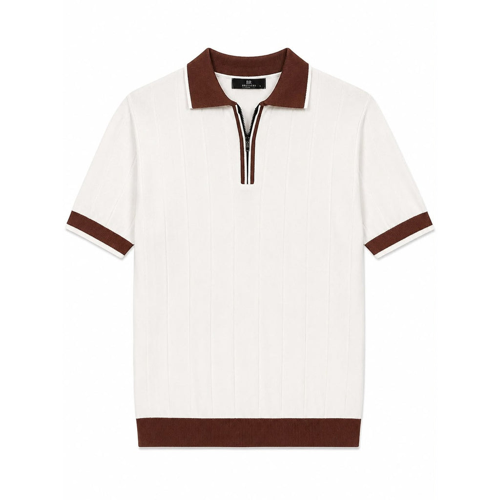WEELZ Contrast-Collar Zip Knit Polo â€” Off-White & Brown - Off-White & Brown - view 1