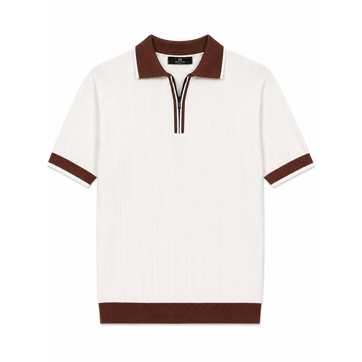 WEELZ Contrast-Collar Zip Knit Polo â€” Off-White & Brown - Off-White & Brown - view 1
