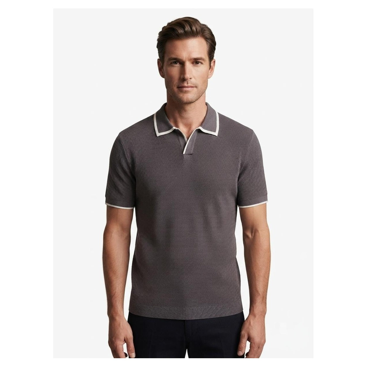 WEELZ Contrast V-Neck Knit Polo - Charcoal Grey - view 1