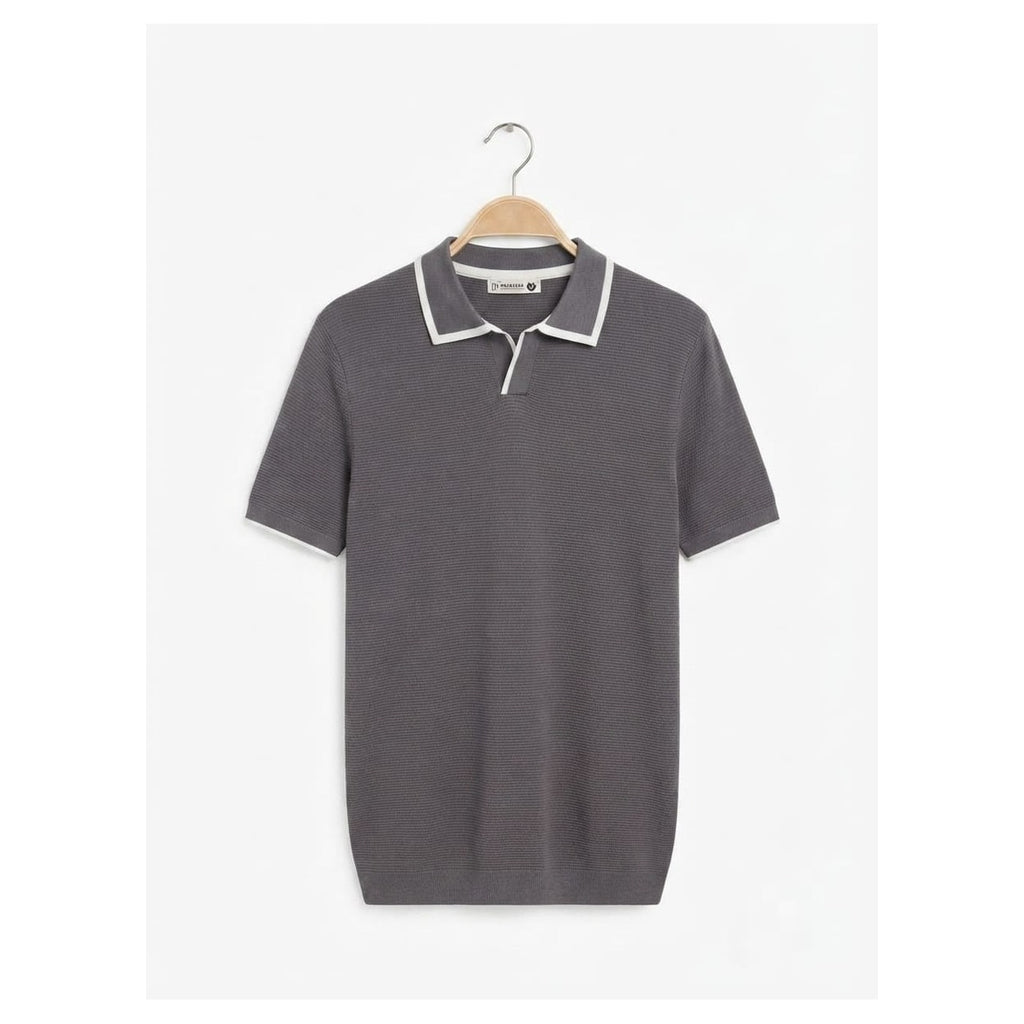WEELZ Contrast V-Neck Knit Polo - Charcoal Grey - view 3