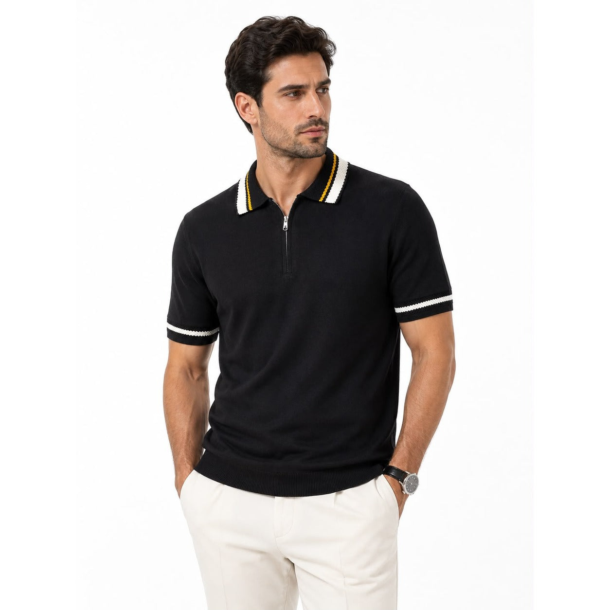 WEELZ Geometric-Trim Zip Knit Polo - Black - view 1