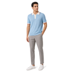WEELZ Contrast-Collar Button Knit Polo in Sky Blue — styled with grey trousers