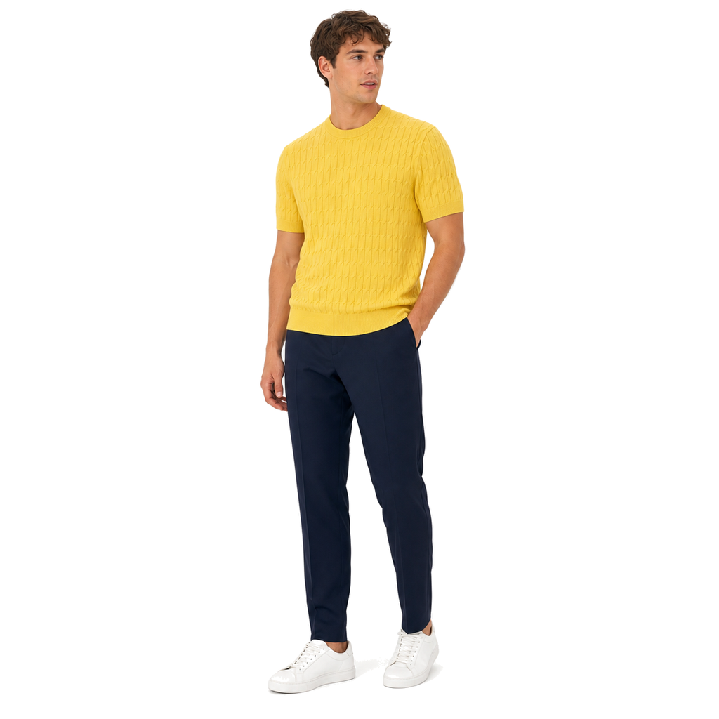WEELZ Cable-Knit Crew Neck T-Shirt in Yellow — styled with navy trousers
