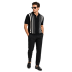 WEELZ Vertical Stripe Zip Knit Polo in Black & White — styled with black trousers