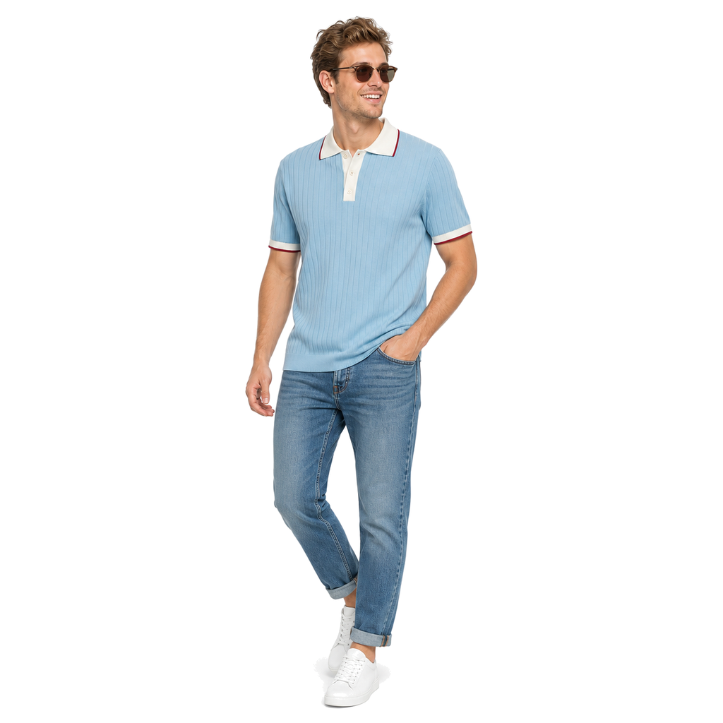 WEELZ Contrast-Collar Button Knit Polo in Sky Blue — styled with denim