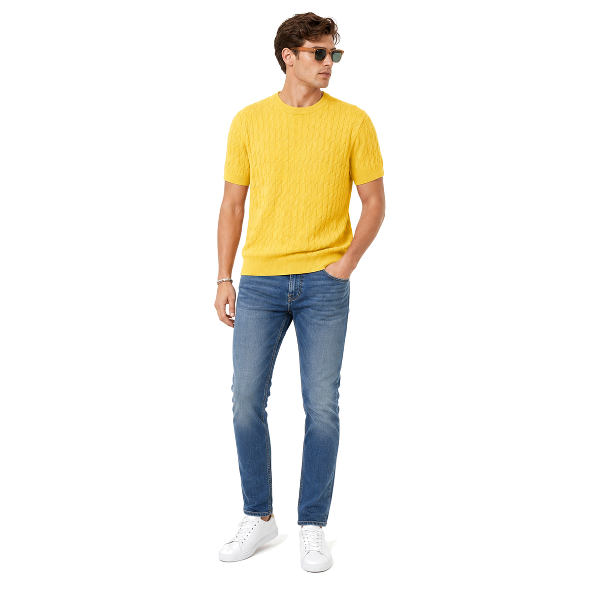 WEELZ Cable-Knit Crew Neck T-Shirt in Yellow — styled with denim