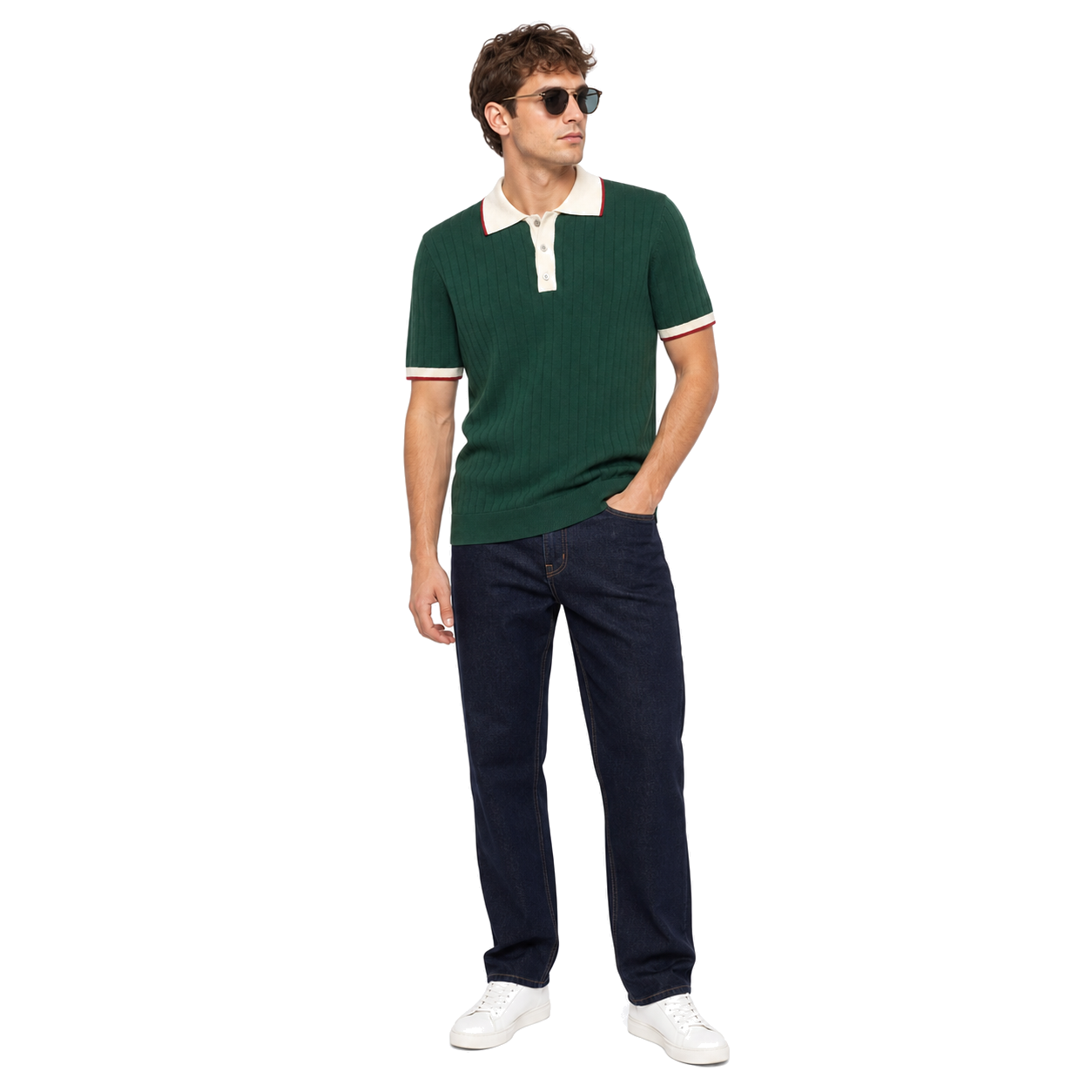 WEELZ Contrast-Collar Button Knit Polo in Forest Green — styled with indigo denim