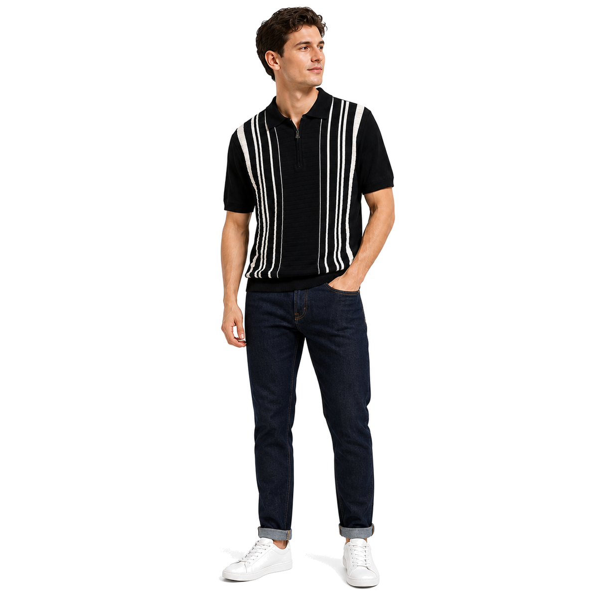 WEELZ Vertical Stripe Zip Knit Polo in Black & White — styled with indigo denim