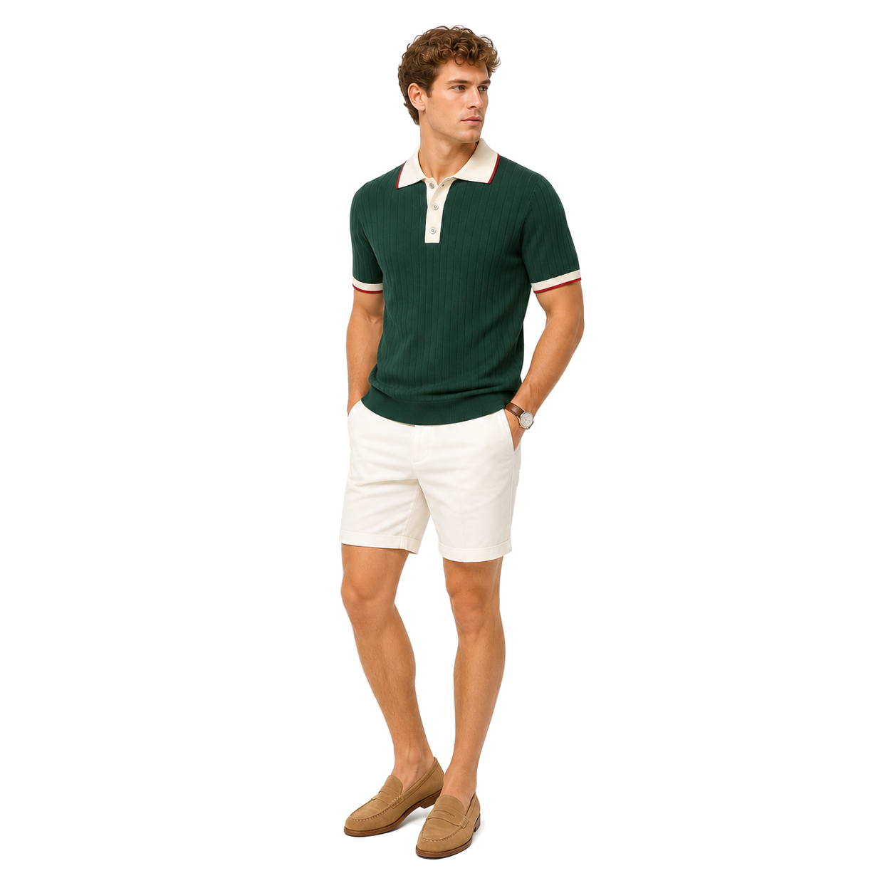 WEELZ Contrast-Collar Button Knit Polo in Forest Green — styled with ivory shorts