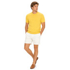 WEELZ Cable-Knit Crew Neck T-Shirt in Yellow — styled with ivory shorts