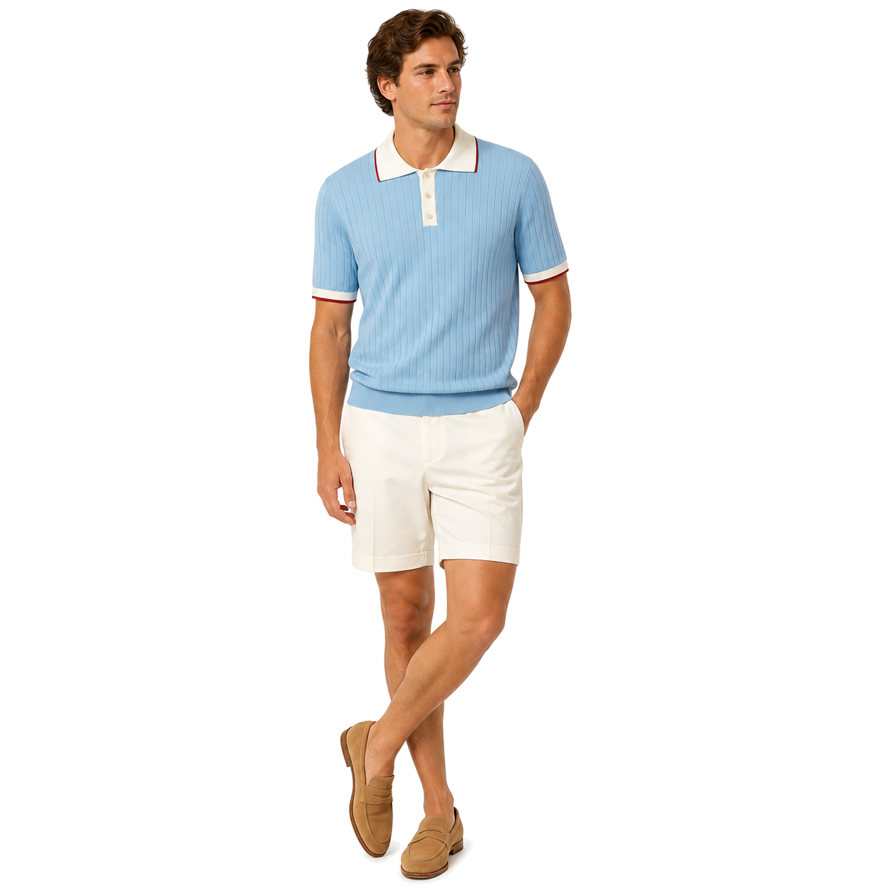 WEELZ Contrast-Collar Button Knit Polo in Sky Blue — styled with ivory shorts