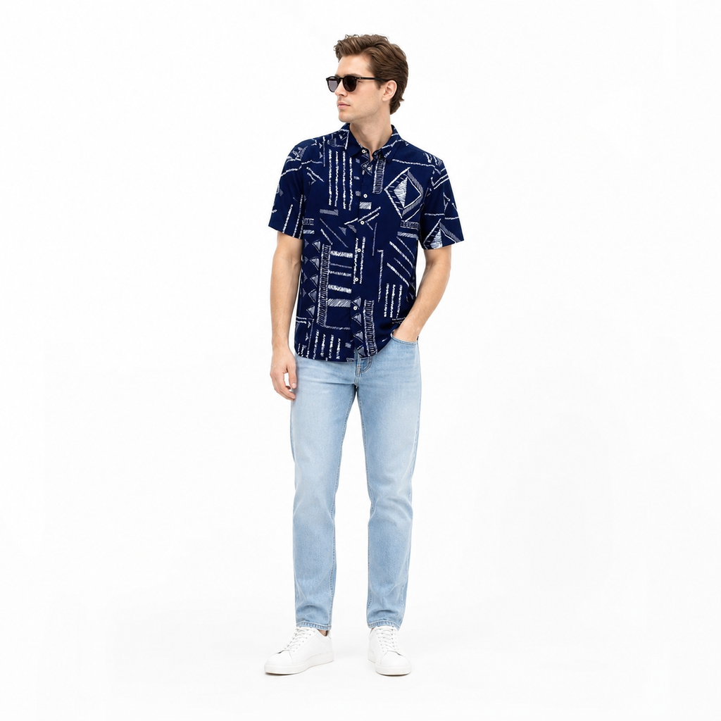 WEELZ Abstract Print Hawaii Shirt — Navy — model look 1