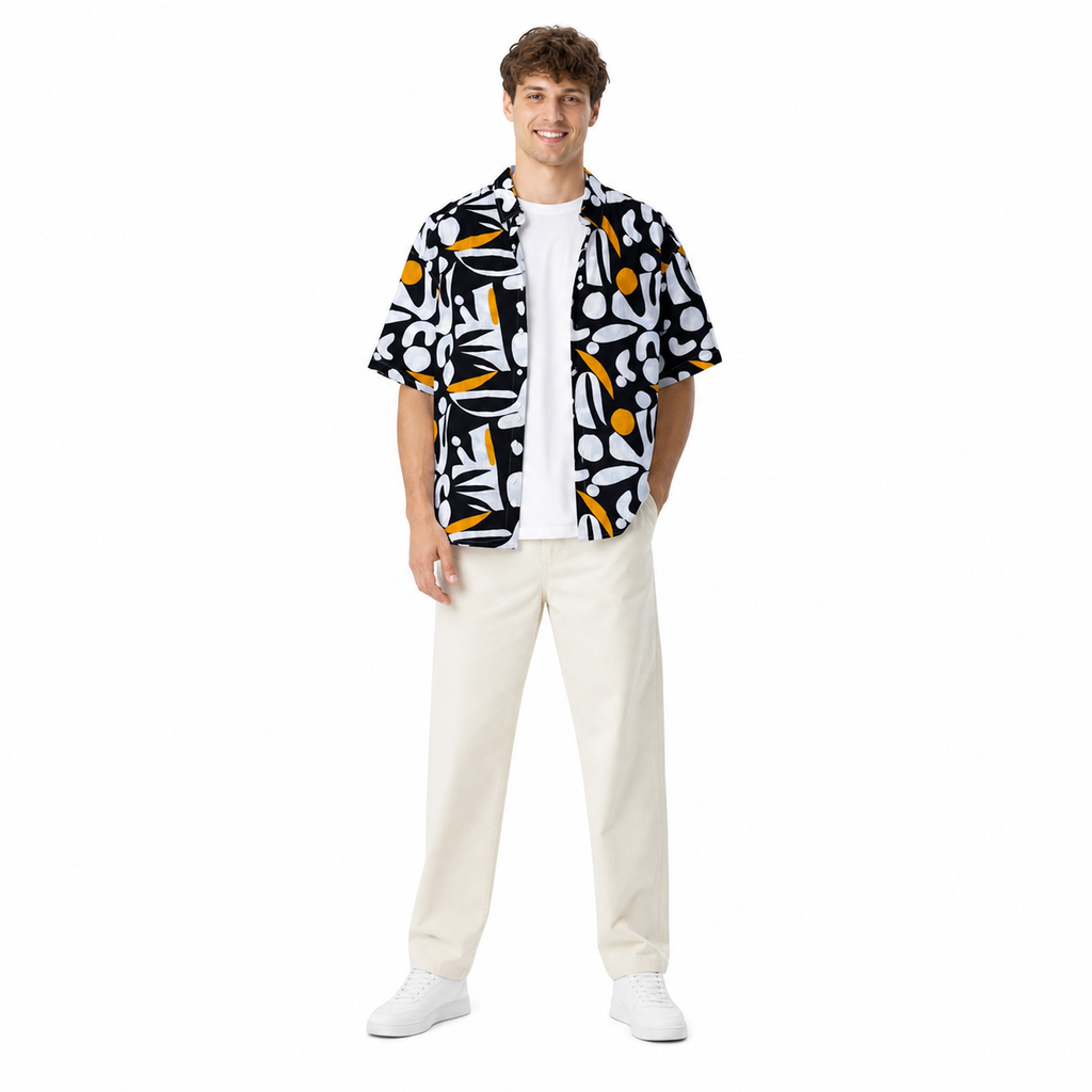 WEELZ black and white floral Hawaii shirt, model styling one