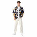 WEELZ black and white floral Hawaii shirt, model styling one