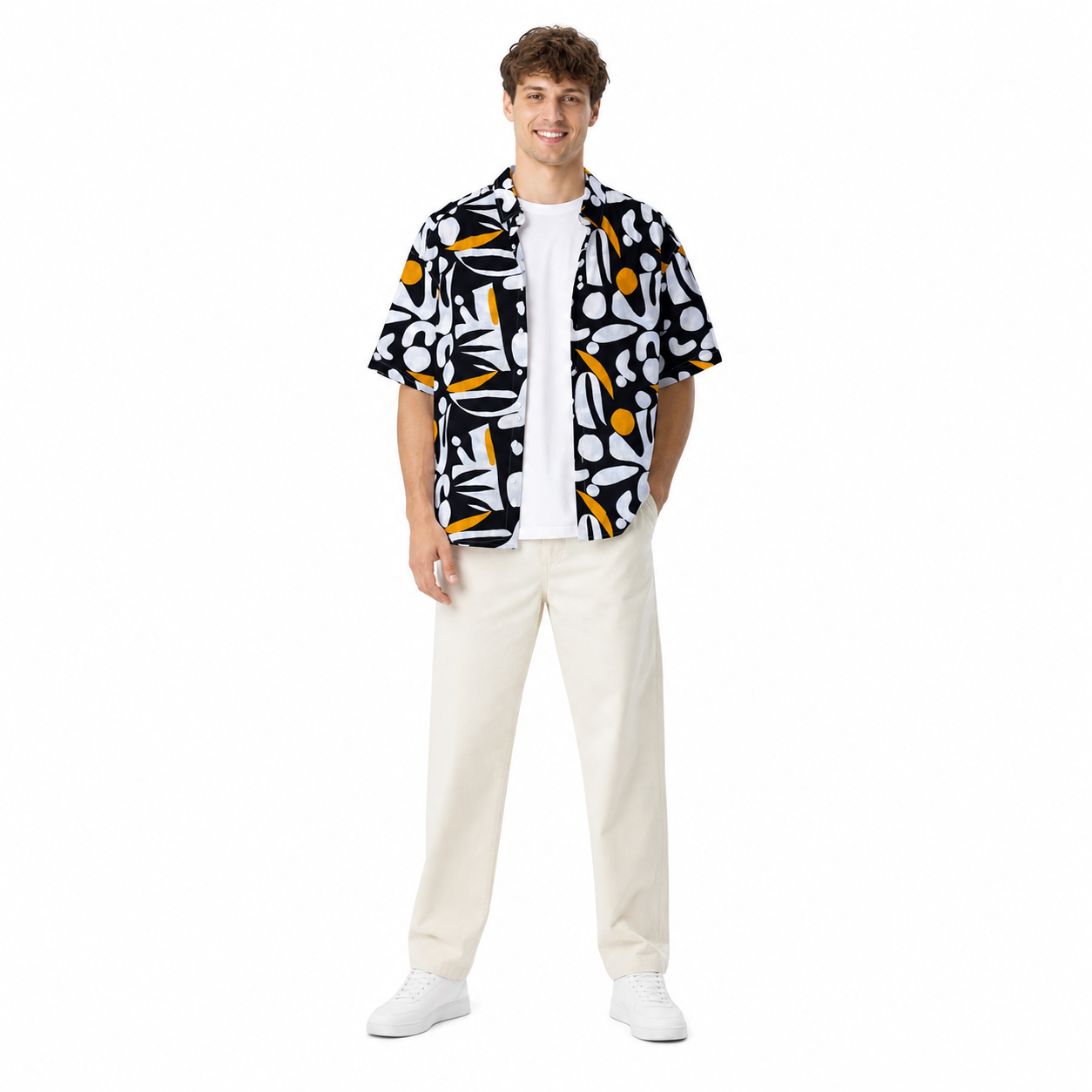 WEELZ black and white floral Hawaii shirt, model styling one