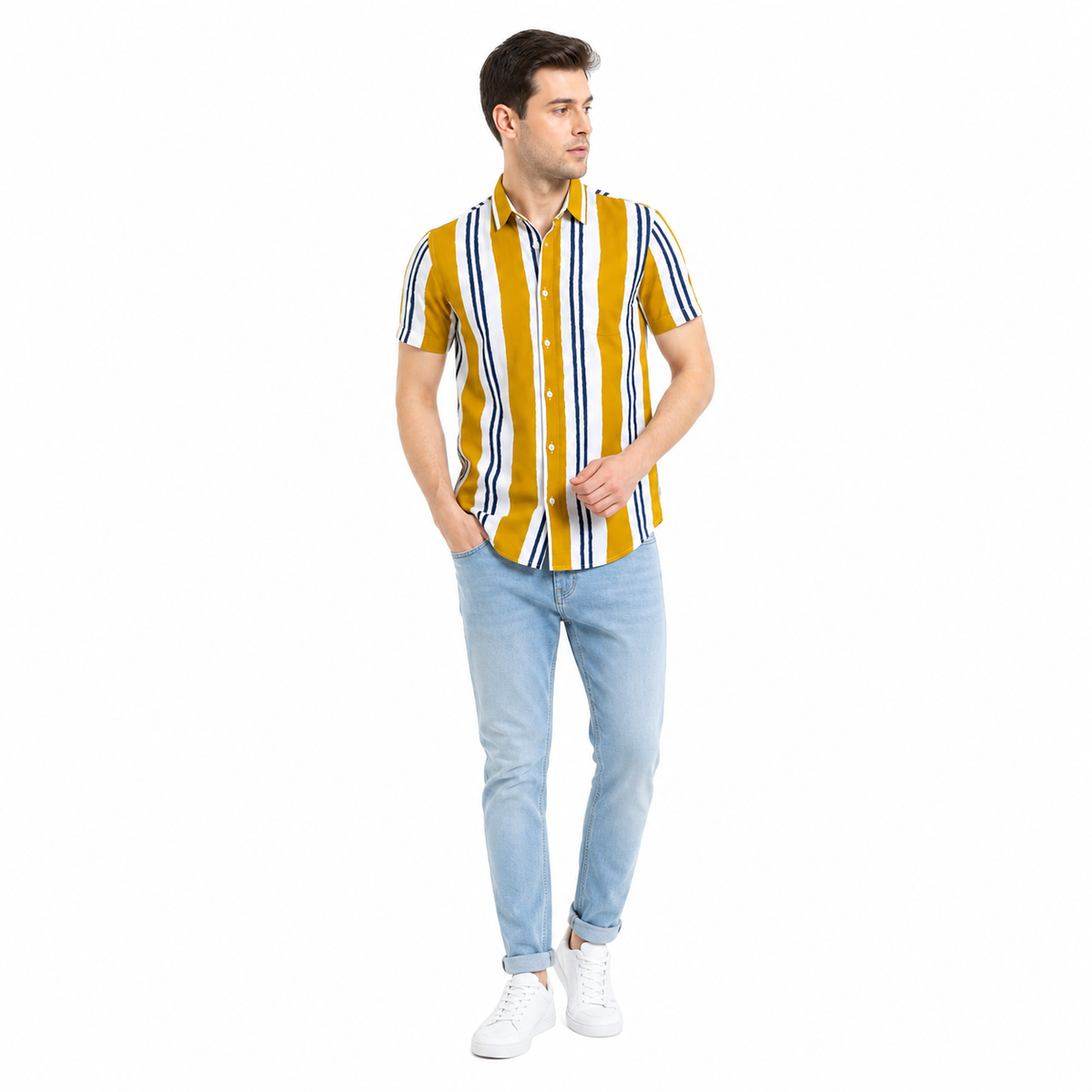 WEELZ Striped Print Hawaii Shirt — Mustard — model look 1
