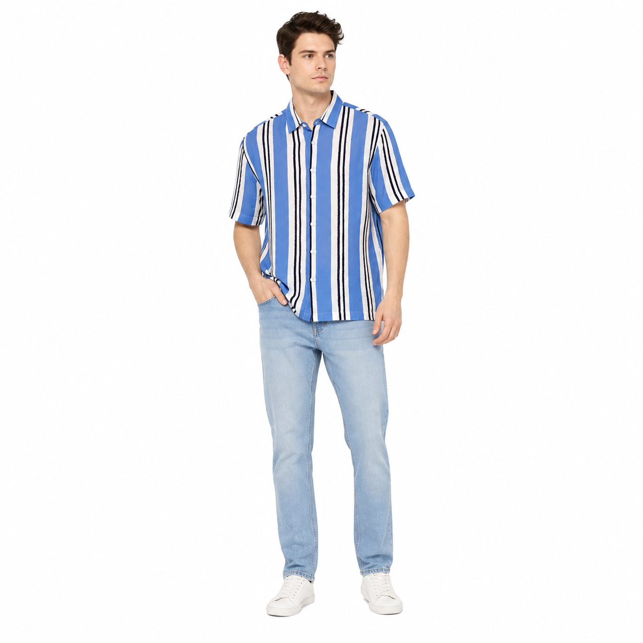 WEELZ Striped Print Hawaii Shirt — Sky Blue — model look 1