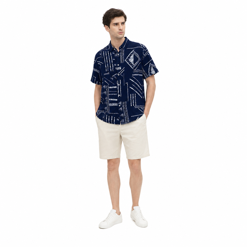 WEELZ Abstract Print Hawaii Shirt — Navy — model look 2