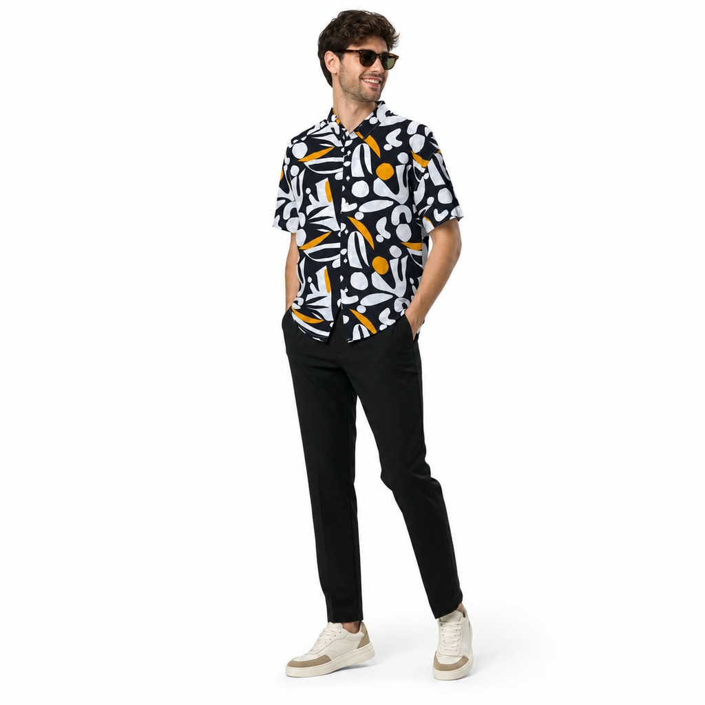 WEELZ black and white floral Hawaii shirt, model styling two