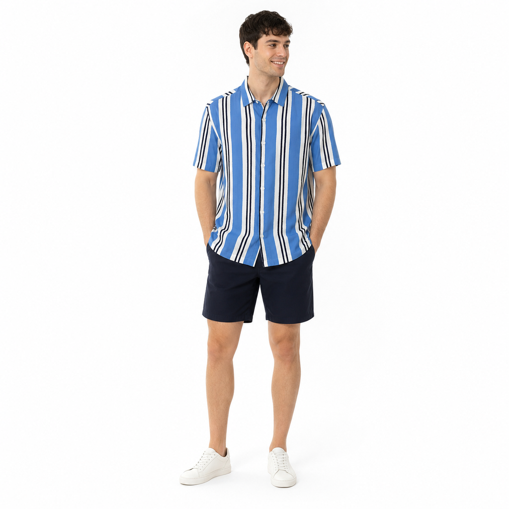 WEELZ Striped Print Hawaii Shirt — Sky Blue — model look 2