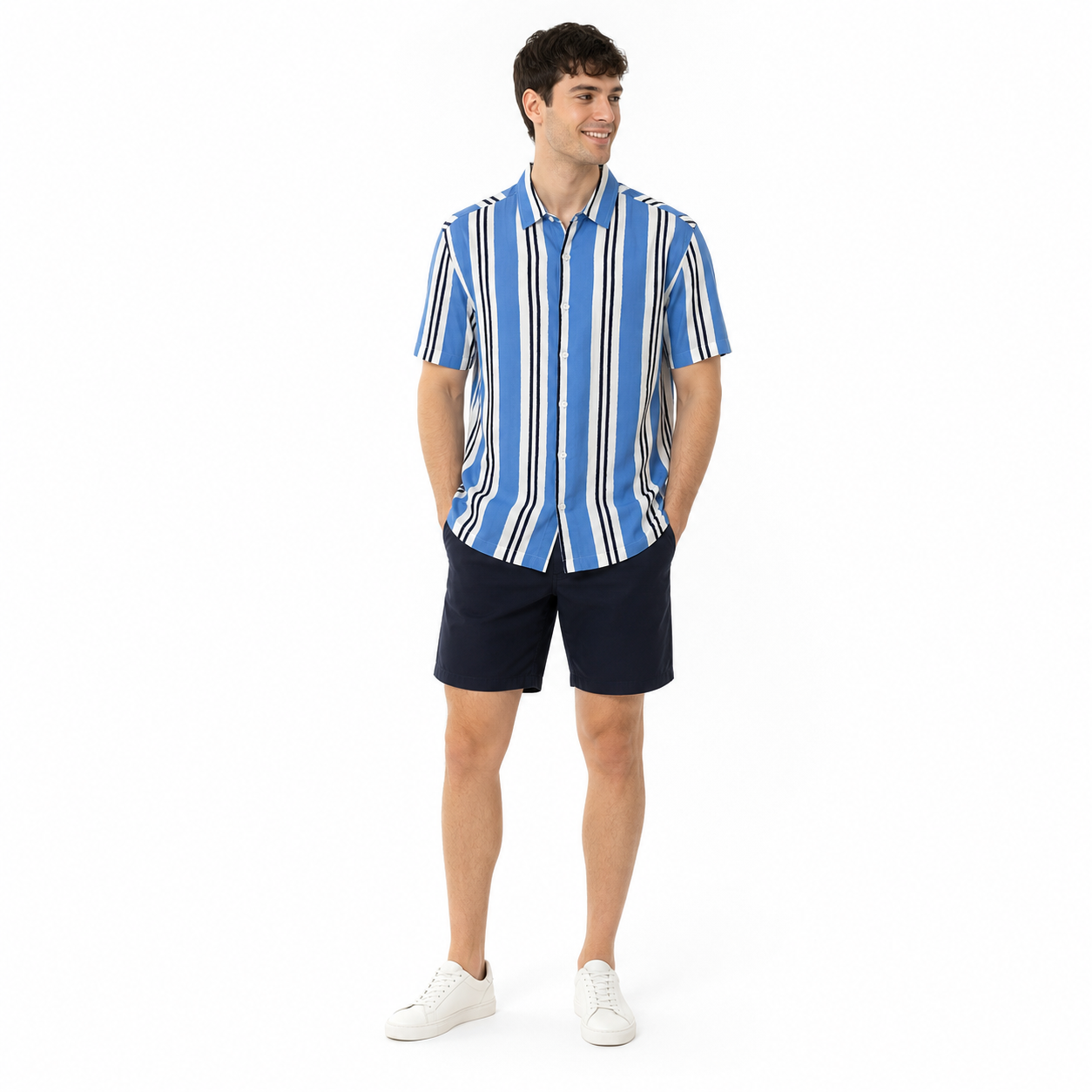 WEELZ Striped Print Hawaii Shirt — Sky Blue — model look 2