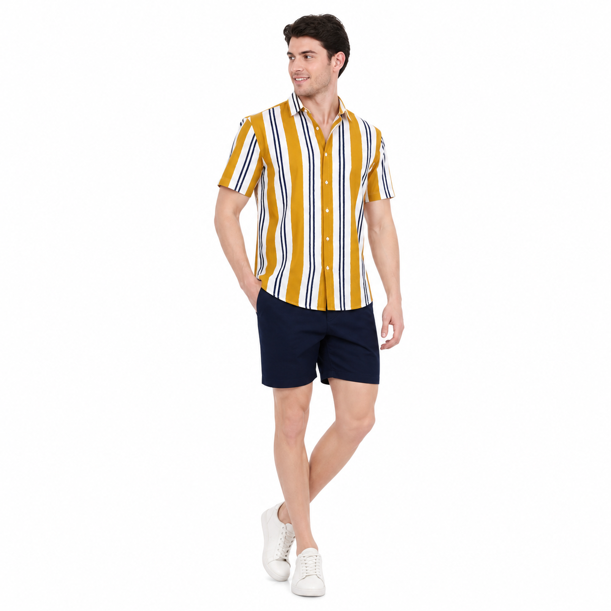 WEELZ Striped Print Hawaii Shirt — Mustard — model look 2