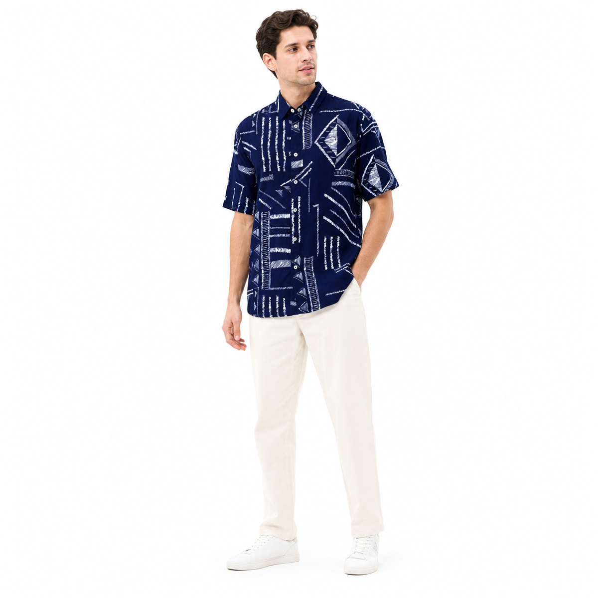 WEELZ Abstract Print Hawaii Shirt — Navy — model look 3