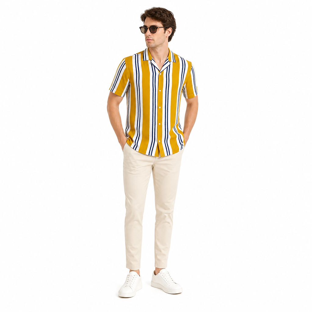 WEELZ Striped Print Hawaii Shirt — Mustard — model look 3