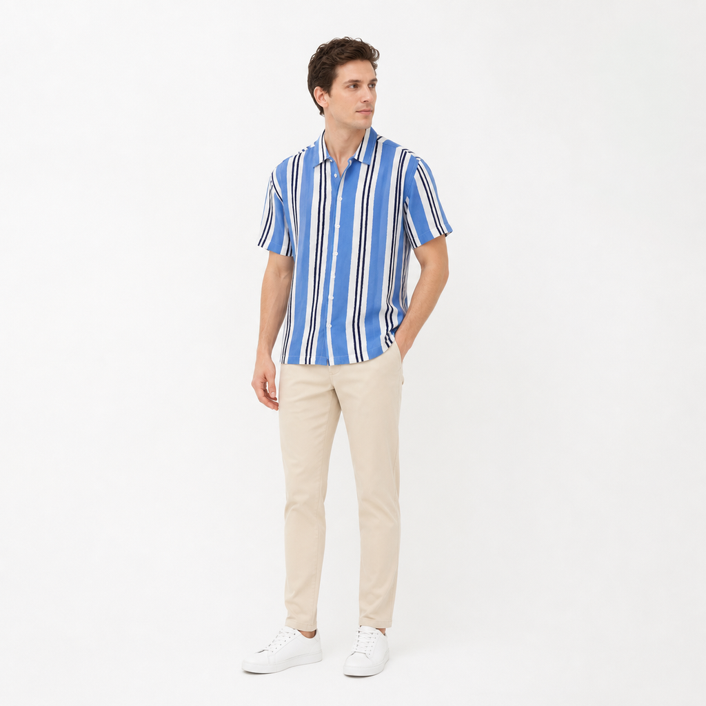 WEELZ Striped Print Hawaii Shirt — Sky Blue — model look 3
