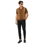 WEELZ Fine Stripe Zip Knit Polo Brown — styled with black trousers