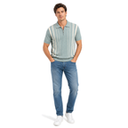 WEELZ Fine Stripe Zip Knit Polo Mint — styled with blue denim