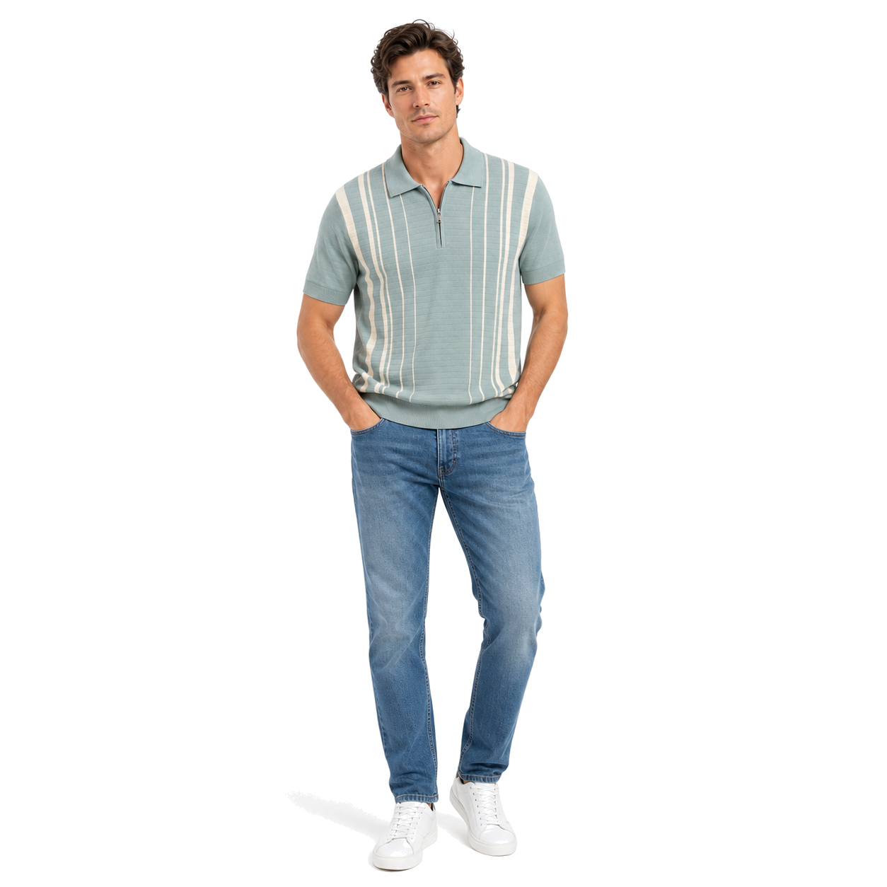 WEELZ Fine Stripe Zip Knit Polo Mint — styled with blue denim