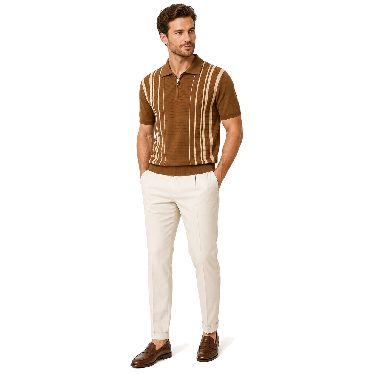 WEELZ Fine Stripe Zip Knit Polo Brown — styled with cream trousers