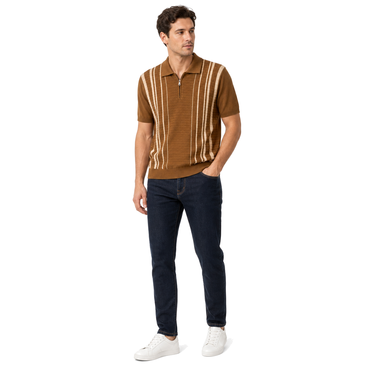 WEELZ Fine Stripe Zip Knit Polo Brown — styled with dark denim