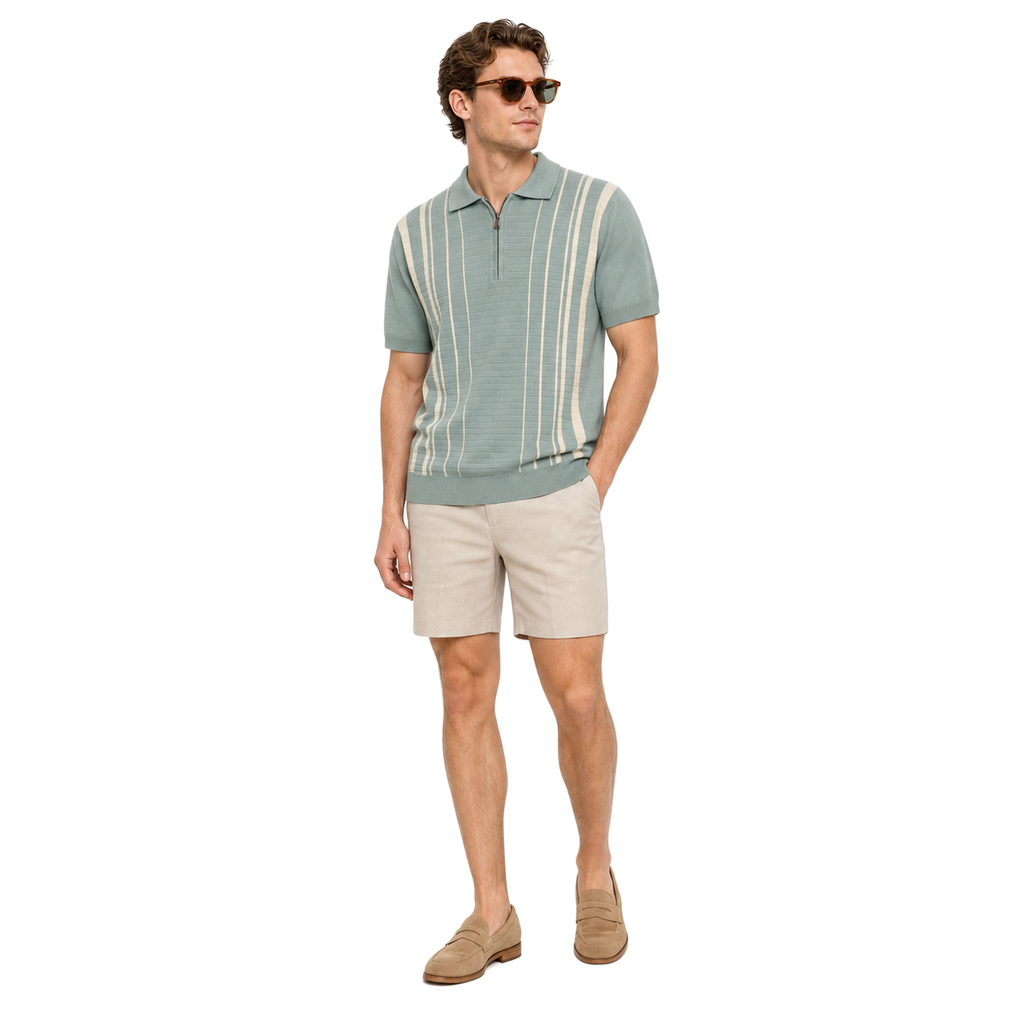 WEELZ Fine Stripe Zip Knit Polo Mint — styled with stone shorts