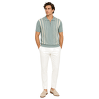 WEELZ Fine Stripe Zip Knit Polo Mint — styled with white trousers