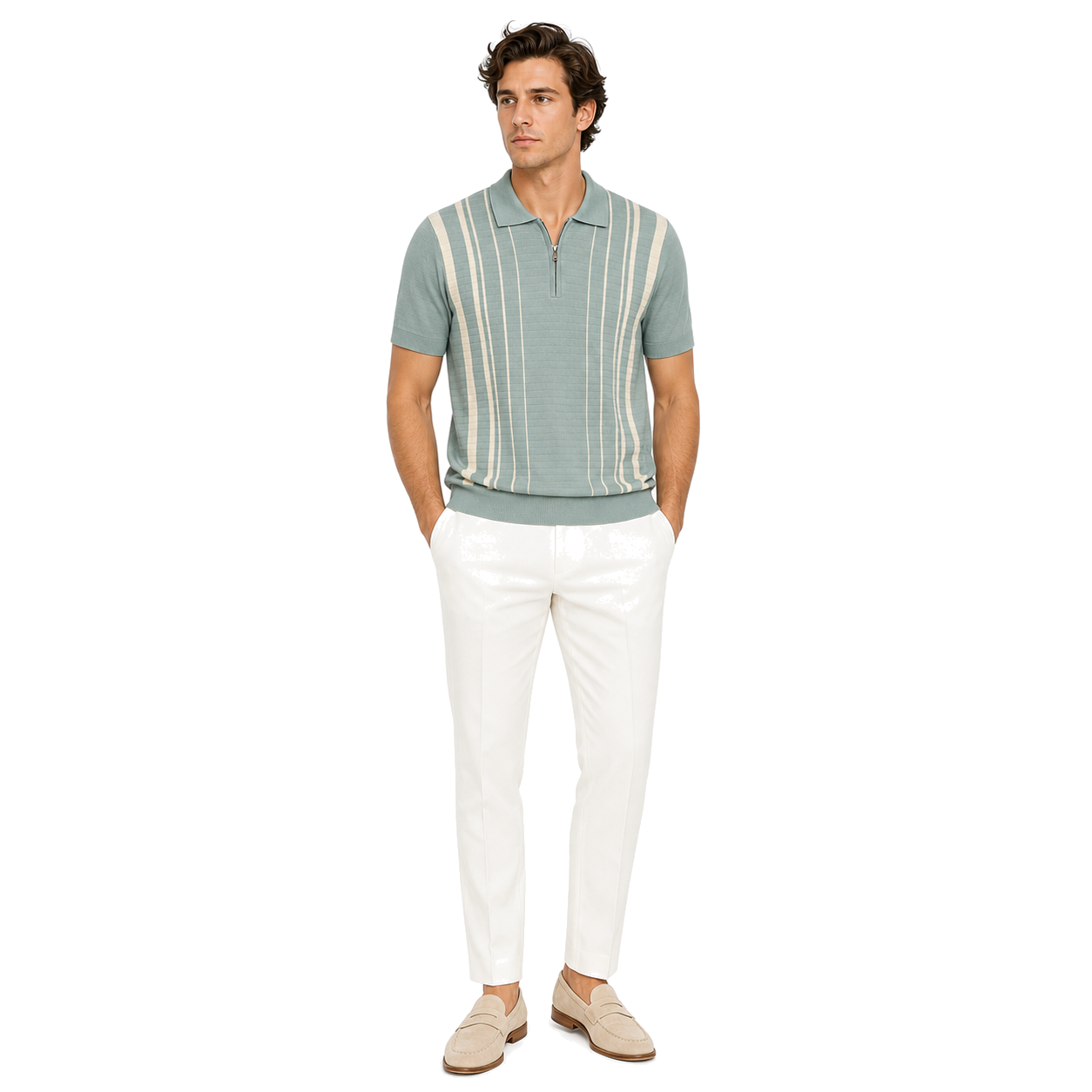 WEELZ Fine Stripe Zip Knit Polo Mint — styled with white trousers
