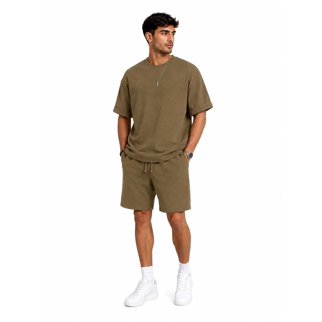 WEELZ Textured Cotton T-Shirt & Shorts Set - Olive - view 3