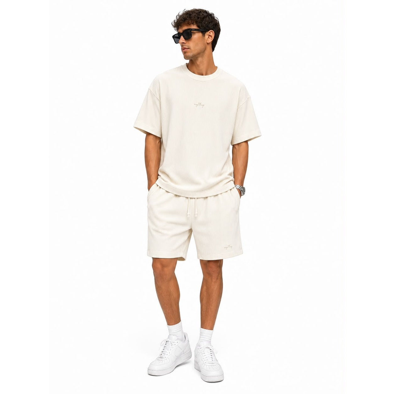 WEELZ Textured Cotton T-Shirt & Shorts Set - Off-White - view 1