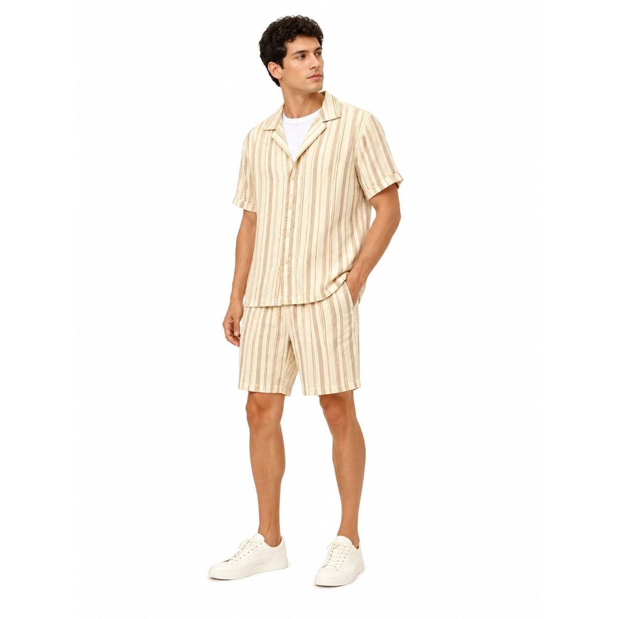 WEELZ Striped Linen Camp-Collar Shirt & Shorts Set - Beige & Brown - view 1