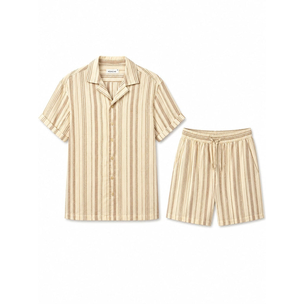 WEELZ Striped Linen Camp-Collar Shirt & Shorts Set - Beige & Brown - view 2