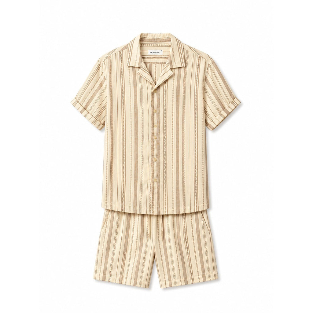 WEELZ Striped Linen Camp-Collar Shirt & Shorts Set - Beige & Brown - view 3