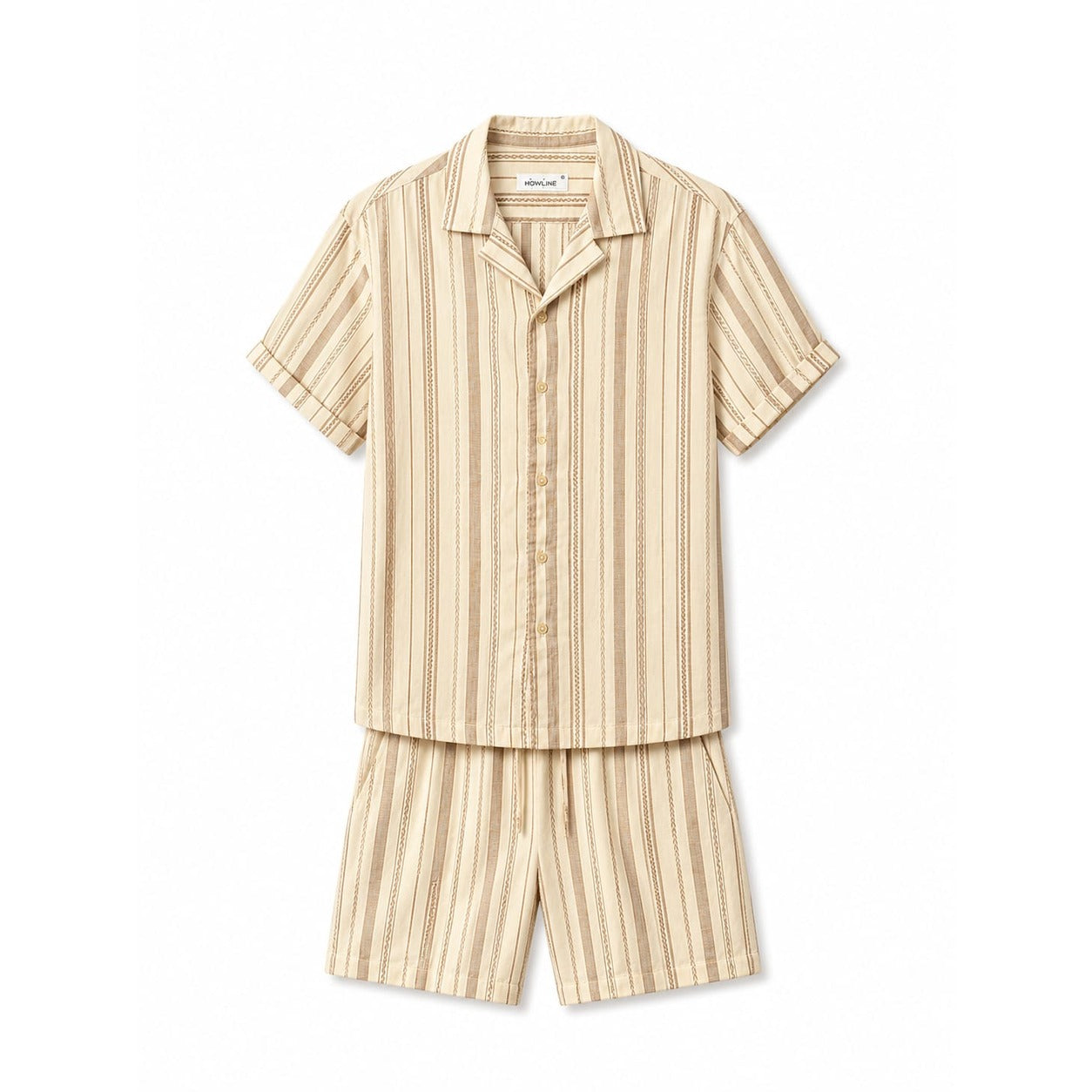 WEELZ Striped Linen Camp-Collar Shirt & Shorts Set - Beige & Brown - view 3