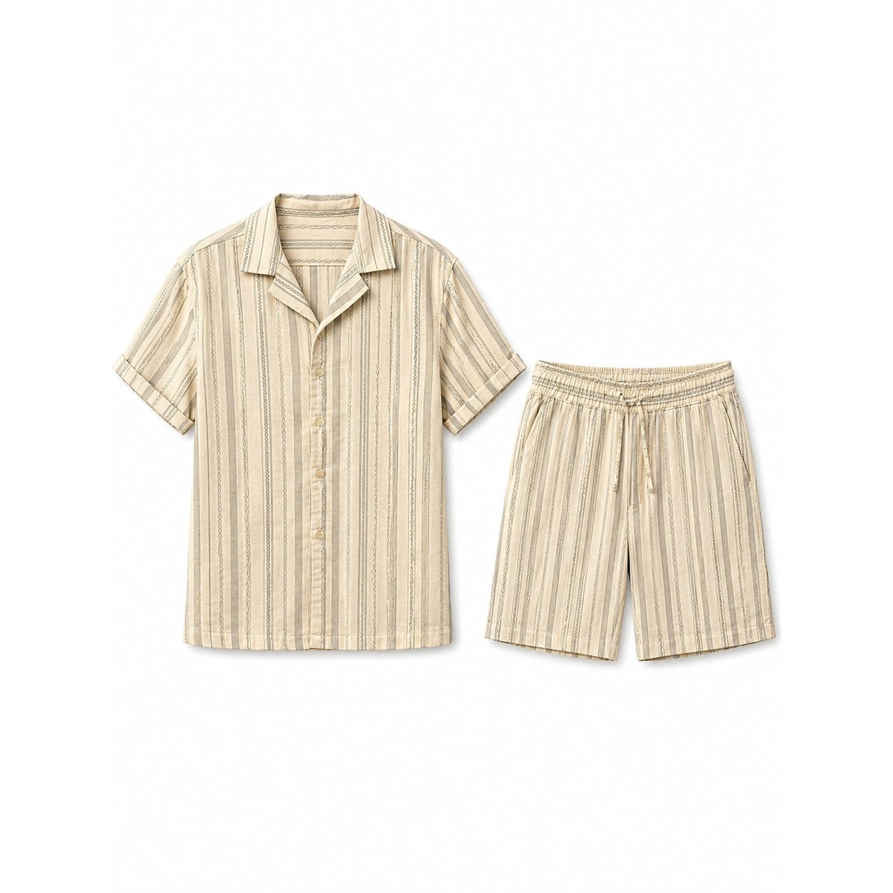 WEELZ Striped Linen Camp-Collar Shirt & Shorts Set - Beige & Olive - view 1