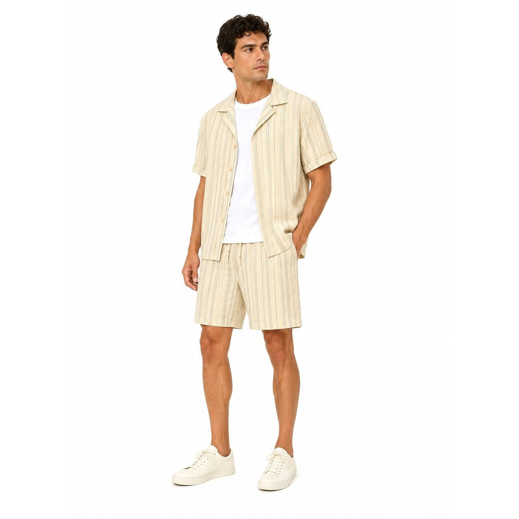 WEELZ Striped Linen Camp-Collar Shirt & Shorts Set - Beige & Olive - view 2