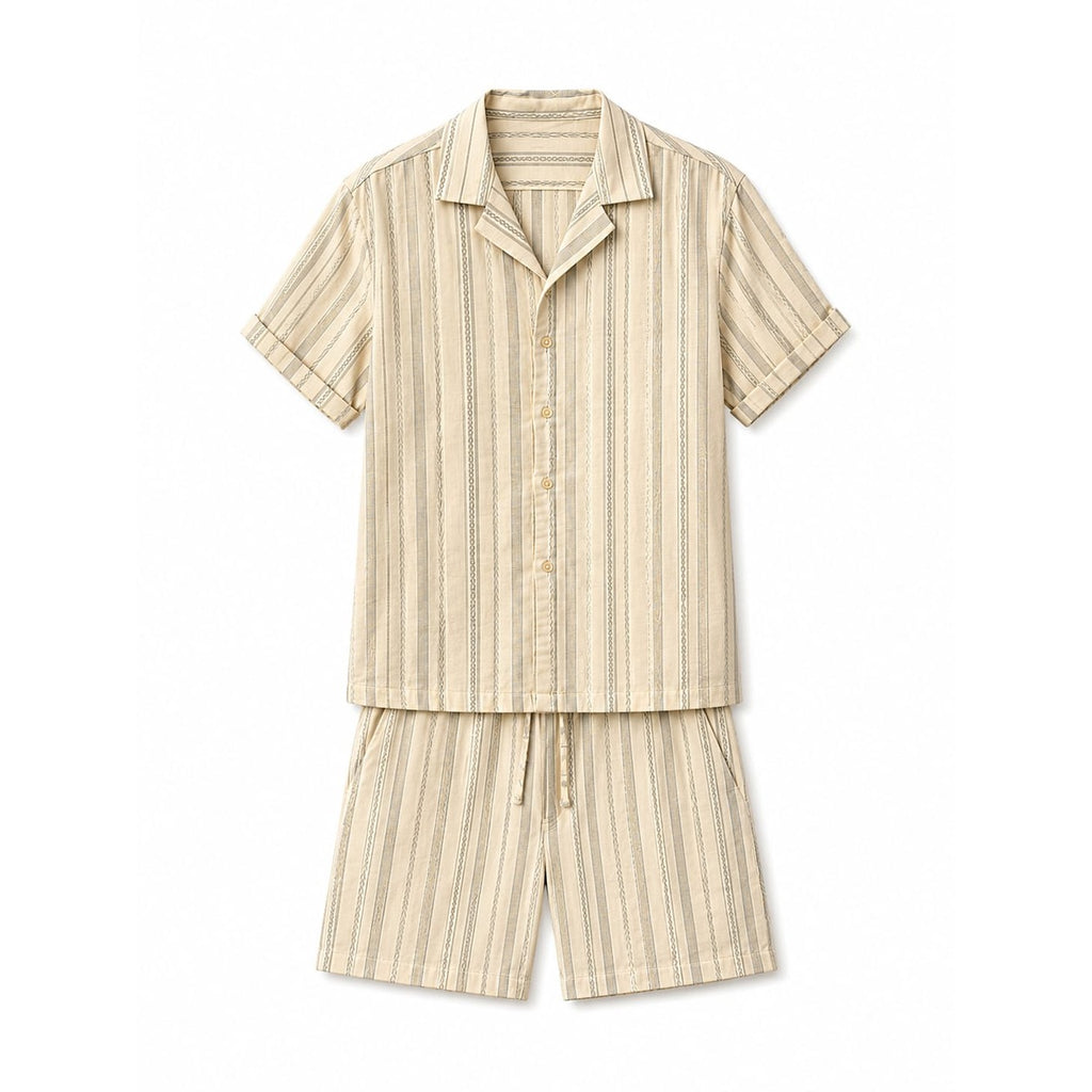 WEELZ Striped Linen Camp-Collar Shirt & Shorts Set - Beige & Olive - view 3