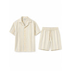 WEELZ Striped Linen Camp-Collar Shirt & Shorts Set - Beige & Sky Blue - view 2